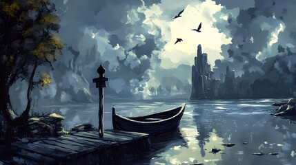 Obraz premium Serene Lake Misty Mountains Rowboat Fantasy Landscape