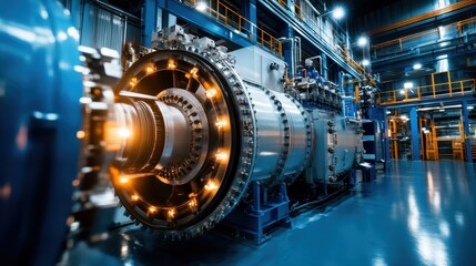 This image showcases a large industrial turbine with glowing lights, highlighting advanced engineering and the power of modern technology in manufacturing environments.
