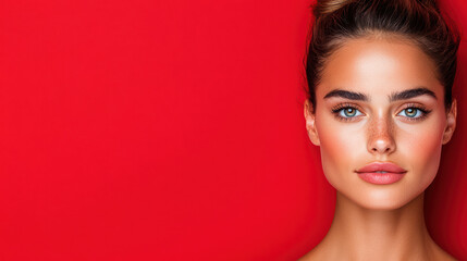 Naklejka premium close up of woman with striking features against vibrant red background