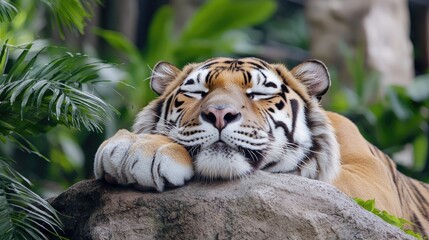 Obraz premium Sleeping tiger resting on rock, lush greenery background; wildlife, nature photography