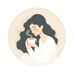 Infographic Icon of Content Woman Enjoying Warm Tea, Minimalist Design