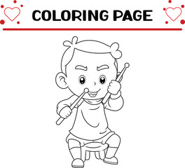 excited boy is holding drum stick coloring page for kids