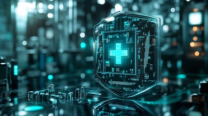Fototapeta premium High-tech medical shield design with integrated circuits and holographic glow, illustrating modern health security and digital innovation.