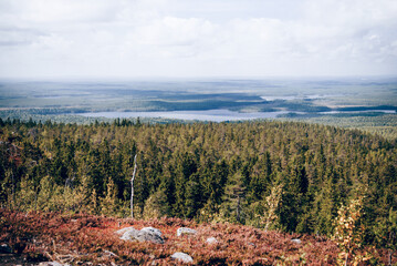 Landscape blue deep lake light sun clouds sky mountain Vottovaara Karelia Russia