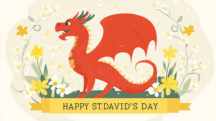 Obraz premium illustration of the silhouette of an Irish red dragon, with yellow and white flowers in the background, with text 