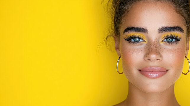 Bright and bold makeup on woman with freckles against yellow background