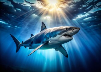 Obraz premium Majestic Shark Underwater: Powerful Grace in Deep Blue Ocean