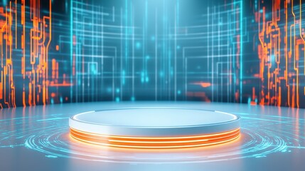 Futuristic Technology Podium: Glowing Neon Circuit Background.