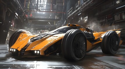 Fototapeta premium Futuristic Orange Race Car in Sci Fi Garage