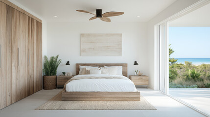 Coastal bedroom with nautical decor and ocean views, creating serene atmosphere