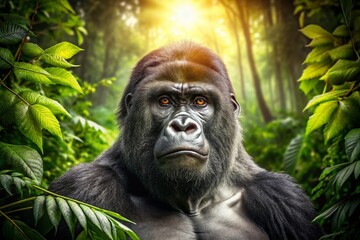 Obraz premium Majestic Silverback Gorilla in Lush Green Forest - Intense Gaze, Wildlife Photography