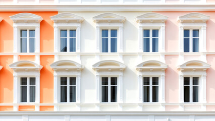 Fototapeta premium White framed windows decorating an elegant building facade with orange and pink pastel colors