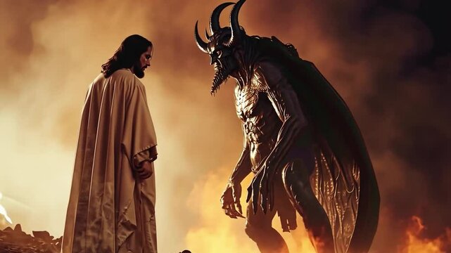 A powerful moment unfolds as a figure wearing a robe confronts a towering demon with horns in a fiery landscape. Darkness and light clash, highlighting their contrasting natures.