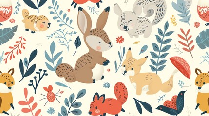 A seamless pattern of cute woodland creatures and flowers on a light background.