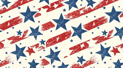 Fototapeta premium A seamless pattern of red stripes and blue stars with a distressed, vintage look.