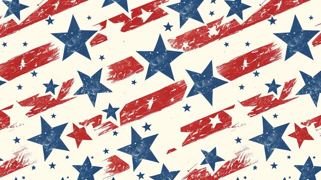 A seamless pattern of red stripes and blue stars with a distressed, vintage look.
