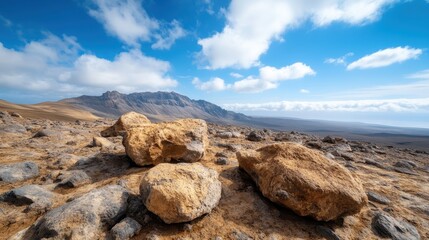 Breathtaking light and shadows enhanced by large, sandy rocks against a beautiful backdrop of mountains and clouds, showcasing nature's artistic abilities.