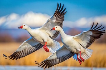 Obraz premium Majestic Snow Geese in Flight: Stunning White Winter Bird Photography