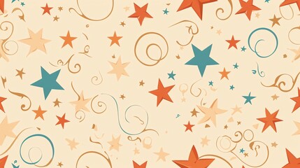 A colorful pattern of stars and swirls on a light beige background.