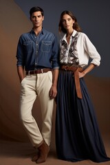 Two fashion models a man and a woman display luxurious safari inspired clothing in natural fabrics, and sophisticated designs, a couple evoking a sense of adventure and opulence
