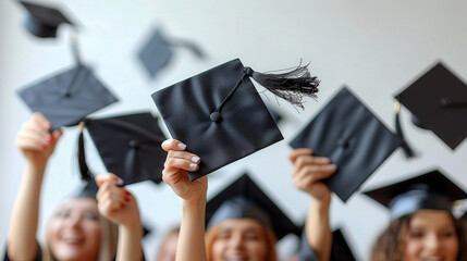 Several hands holding and throwing black graduation caps tassels isolated on white background