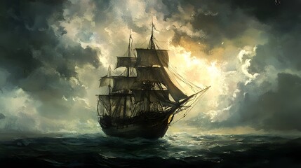 Obraz premium Dramatic Seascape Sailing Ship in Stormy Ocean