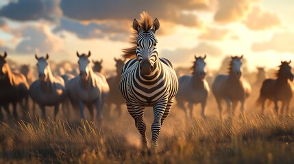 Fototapeta premium A majestic zebra leading an enchanted herd of horses across the vast African savanna