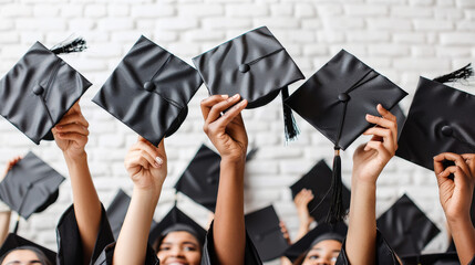 Several hands holding and throwing black graduation caps tassels isolated on white background