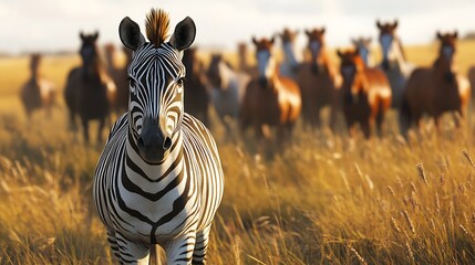 Obraz premium A majestic zebra leading an enchanted herd of horses across the vast African savanna