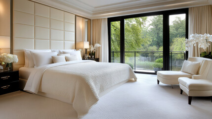 Luxurious bedroom with elegant fabrics and large windows overlooking nature