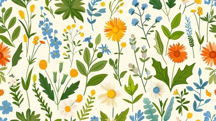 A seamless pattern of colorful flowers and leaves on a light background.