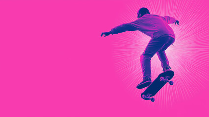 Naklejka premium Skateboarder jumping with his skateboard on a vibrant duotone background