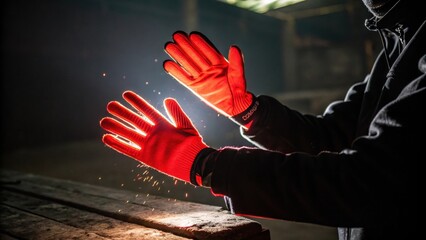 A dramatic closeup of hands wearing neon red gloves against a shadowy background. The light catches the edges of the gloves illuminating them with bursts of fiery color.