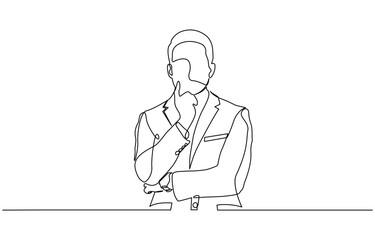 Continuous line drawings of a young Businessman thinking idea, Continuous line drawing businessman thinks, decides, idea, business icon vector illustration concept.