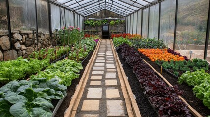A modern greenhouse filled with vibrant rows of vegetables and automated irrigation systems