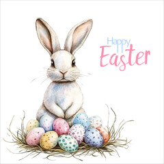 Happy Easter vector card or banner with traditional rabbit sitting in the nest with colored eggs. Christian holiday symbols and congratulations text. Lettering and cartoon brooding bunny illustration.
