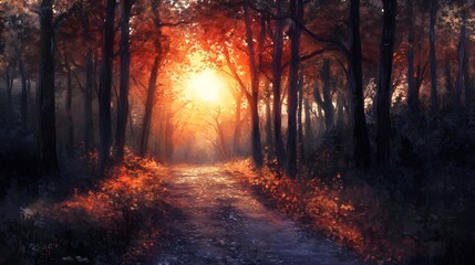 Fototapeta premium Autumn Forest Path Sunset