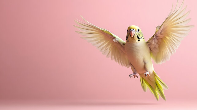 Energetic parakeet flapping its wings against bright pink background