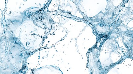 Closeup of water on a white gradient background, light gray and blue tone, transparent glass material.