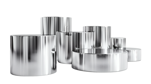Shiny silver round pedestals displayed at different heights, isolated on a white background