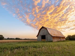Obraz premium Scenic rural landscape with a rustic barn under a vibrant sunset sky filled with colorful clouds and golden fields