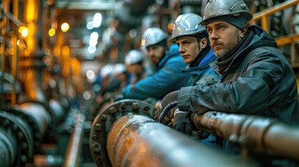 Worker uniform industrial plant, makes survey, checking equipment against background