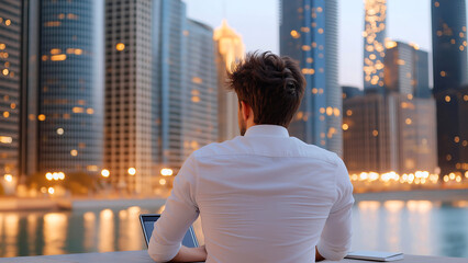 Fototapeta na wymiar Businessman using laptop at night in modern city marina, with illuminated skyline in background, enjoying cityscape view