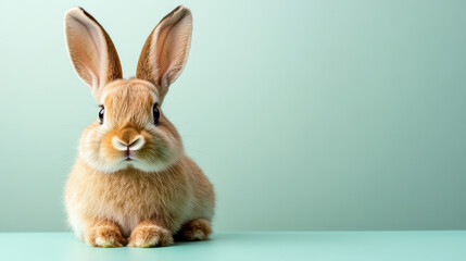 Obraz premium Fluffy bunny resting on pastel green surface, exuding calmness and charm