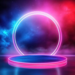 Obraz premium Neon Glow Circle and Platform: Futuristic Product Display Background.