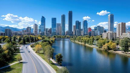 Naklejka premium vibrant city skyline reflecting on serene river under clear blue sky