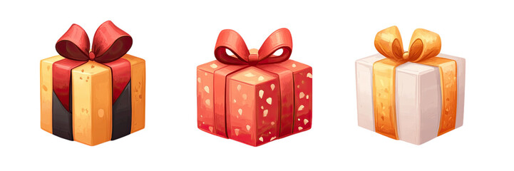 Naklejka premium Gift Icons Collection, trio of colorful gift boxes on a clean white background, perfect for festive decoration or digital use