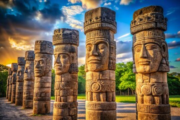 Majestic Toltec Atlantes Columns, Ancient Mexico Ruins, Rule of Thirds Composition