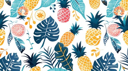 A seamless pattern with pineapples, lemons, oranges, and leaves.