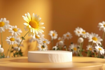 Bright Yellow Background with White Daisy Flower on Round Platform